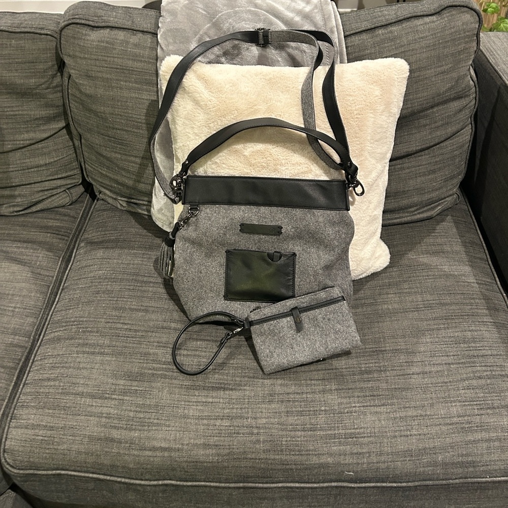 Grey Felted Wool/ Leather Trim Sherpani Cross Body Purse with Coin Purse